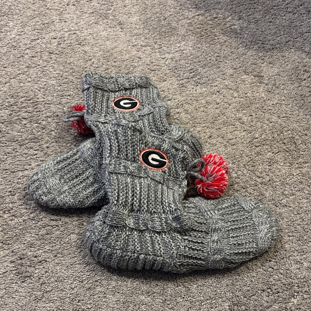 Georgia Gray Knit Socks with Red Pom Poms